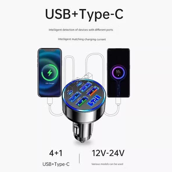 Özel Araç Çakmaklık USB Şarj Aleti - Dört USB + 2PD Hızlı Şarj, 6 Port, Voltaj İzleme, Apple PD Kablosu - 4