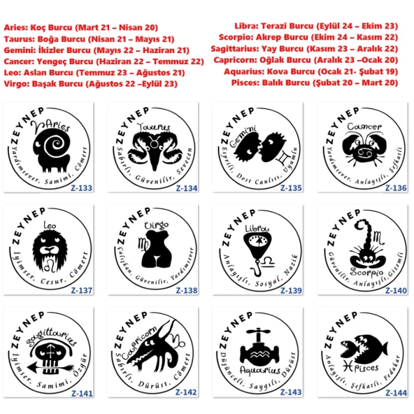 Burçlara Özel Mühür, Burç Tasarımlı Kaşe, Doğum Gününe Göre Burçlu Hediyelik Kaşe Z3 Serisi - 5