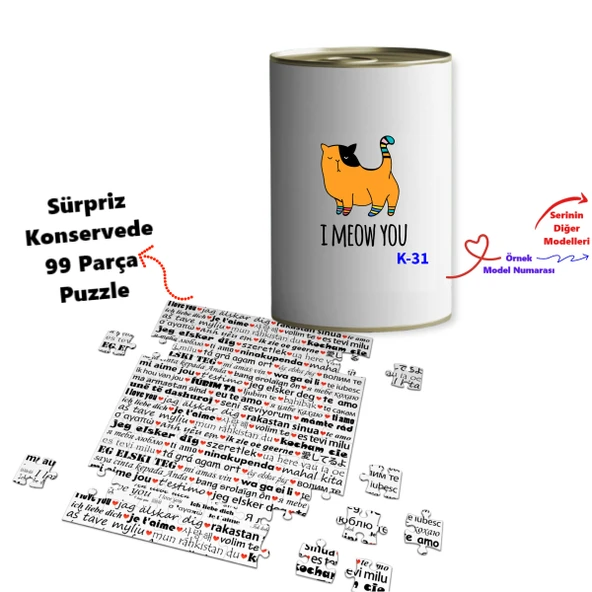 100 Dilde Seni Seviyorum Puzlle Konserve Kutusu Kedi Tasarımlı K Serisi (100 Model)