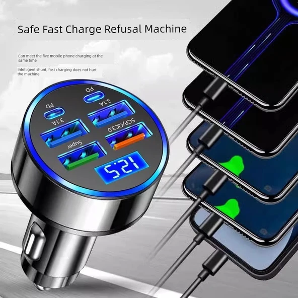 Gelişmiş Araç Çakmaklık USB Şarj Aleti - Dört USB + 2PD Hızlı Şarj, 6 Port, Voltaj İzleme, Apple PD Kablosu - 3