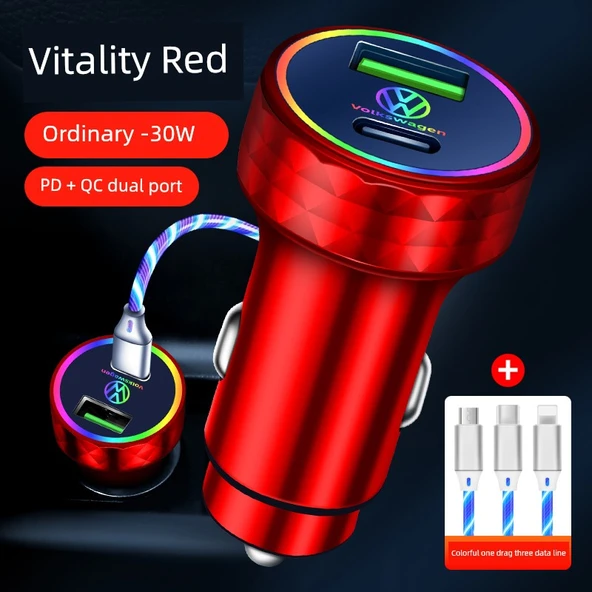Oto Çakmaklık USB Şarj Aleti + 3'ü 1 Arada Kablo - Kırmızı - 30W