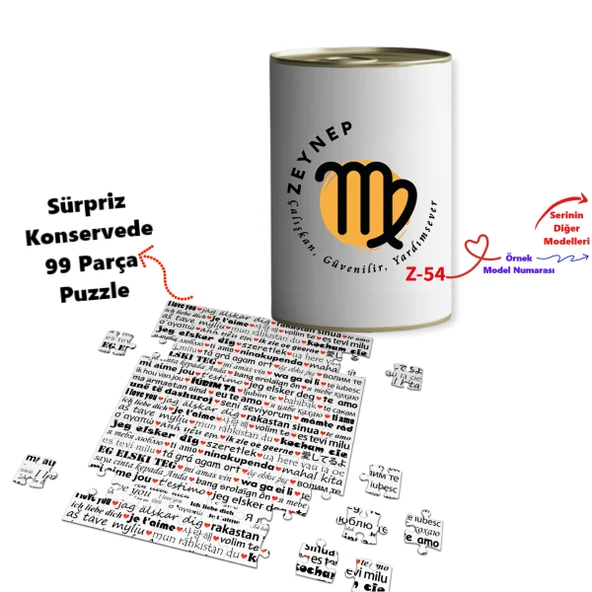 Kişiye Özel Burç Tasarımlı 100 Dilde Seni Seviyorum Puzzle Konservesi Z2 Serisi