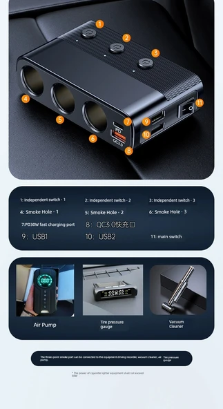 12V/24V Araç Şarj Cihazı - Üç Portlu Yeni Nesil Hızlı Şarj + 4'lü Telefon Kablosu - 8