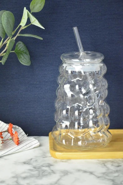 Mien Üzüm Desen Bubble Borosilikat Cam Pipetli Bardak 1 Litre