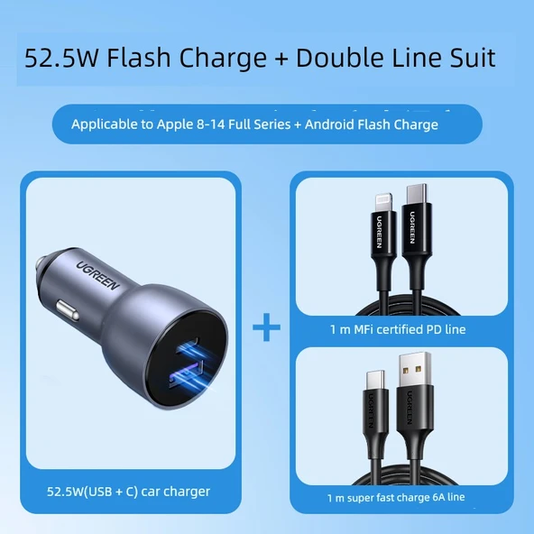 USB+C 52.5W Araç Şarj Cihazı, MFi Sertifikalı PD ve 6A Apple 8-14/Android Kablo Seti
