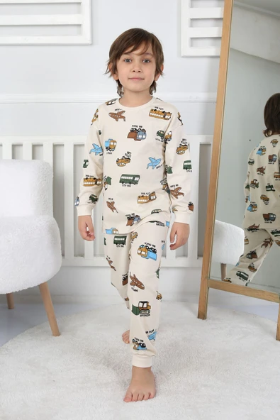 Transportation Veichle Desenli Çocuk Pijama Takımı (Alt-Üst) Bej 3-8 Yaş