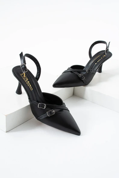Albishoes Çift Toka Detaylı Arkası Açık Sivri Burun 8 Cm Ince Topuklu Stiletto Abiye Kadın Ayakkabı - 4