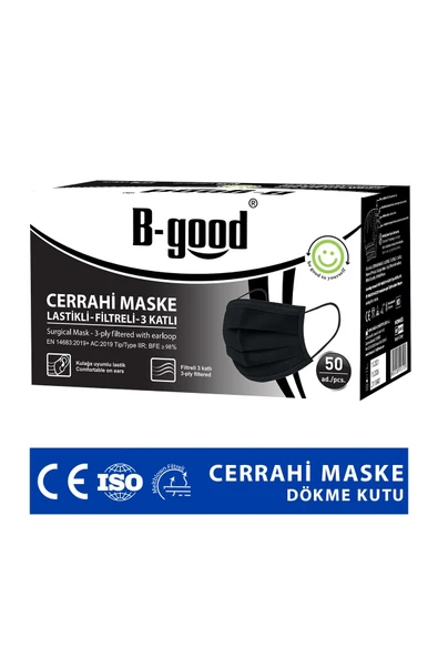 B-GOOD 3 KATLI SİYAH DÖKME CERRAHİ MASKE TELLİ 50 Lİ - 2