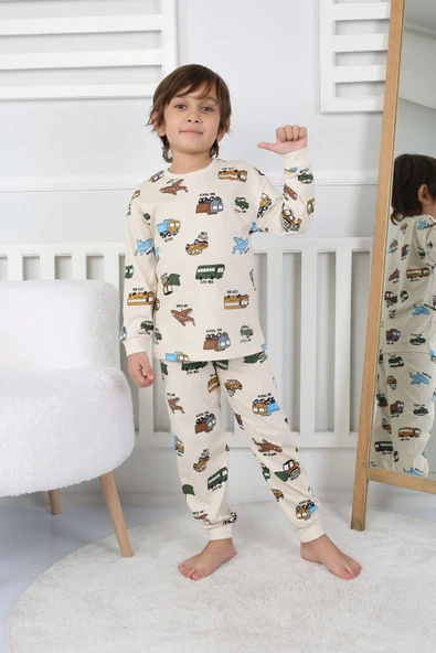 Transportation Veichle Desenli Çocuk Pijama Takımı (Alt-Üst) Bej 3-8 Yaş - 3
