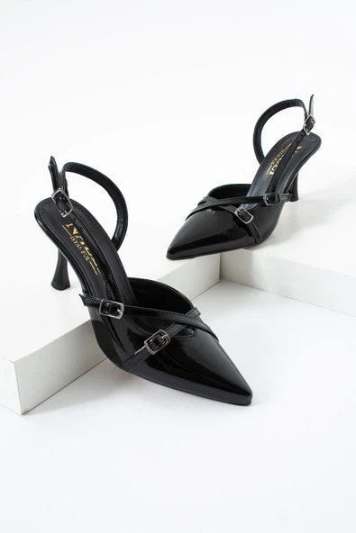Albishoes Çift Toka Detaylı Arkası Açık Rugan Sivri Burun 8 Cm Ince Topuklu Stiletto Kadın Ayakkabı - 4