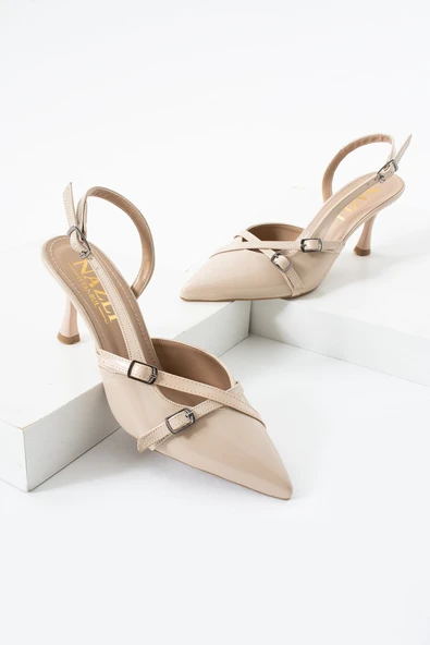 Albishoes Çift Toka Detaylı Arkası Açık Rugan Sivri Burun 8 Cm Ince Topuklu Stiletto Kadın Ayakkabı - 4