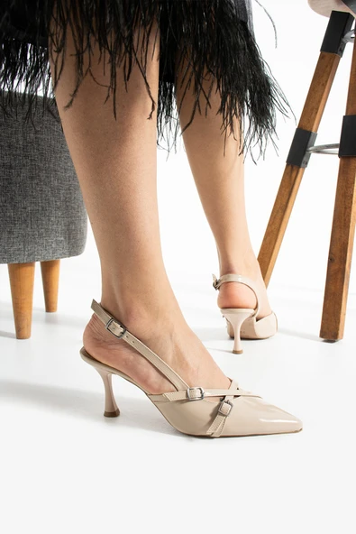 Albishoes Çift Toka Detaylı Arkası Açık Rugan Sivri Burun 8 Cm Ince Topuklu Stiletto Kadın Ayakkabı - 2