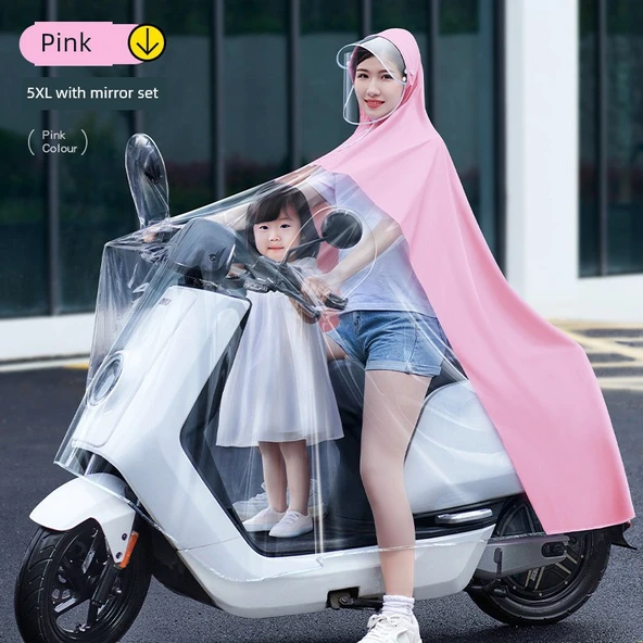 Elektrikli Bisiklet Yağmurluğu - Standart - Aynalı Açık Pembe 5XL - Kalınlaştırılmış