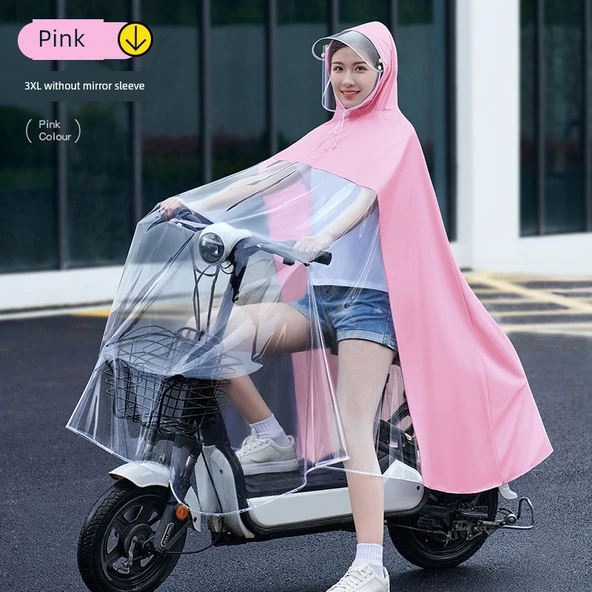 Elektrikli Bisiklet Yağmurluğu - Standart - Aynasız Şeffaf Açık Pembe 3XL - Kalınlaştırılmış