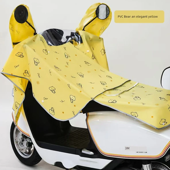 Elektrikli Motosiklet Yağmurluk - PVC Büyük Boy Ayı Desenli Sarı - Koltuk Kumaşlı