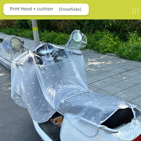 Elektrikli Motosiklet Yağmurluk - Büyük Boy Kar Tanesi Desenli - Koltuk Minderli ve Aynalı-1