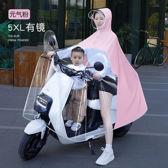 Şeffaf Motosiklet Elektrikli Bisiklet Yağmurluk Panço 5XL - Büyük Elektrikli Araç - Pembe - Aynalı