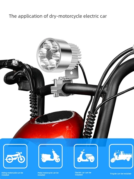 12V Motosiklet LED Far Süper Parlak 6 LED - Sürekli Parlak ve Güçlü Işık [Gümüş - 18W] + Klips - 6
