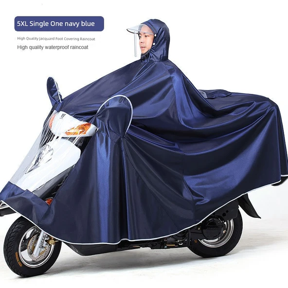 5XL Tek Katmanlı Lacivert Elektrikli Motosiklet Yağmurluğu - Ayaklıklı