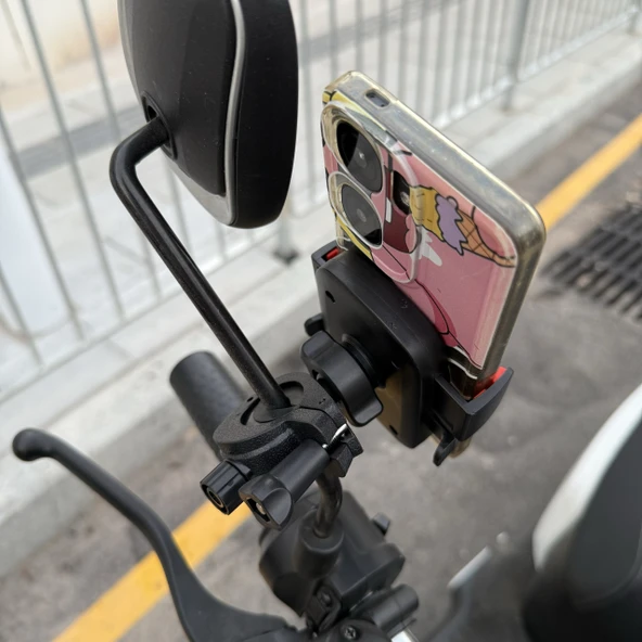 Motosiklet Scooter Dikiz Aynası Telefon Tutucu - Dikiz Aynası (Metal Klips) + Tek Elle Tak-Çıkar Klips - 10