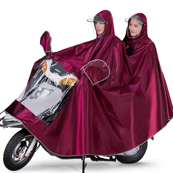 4XL Çift Katmanlı Bordo Elektrikli Motosiklet Yağmurluğu - Ayaklıklı
