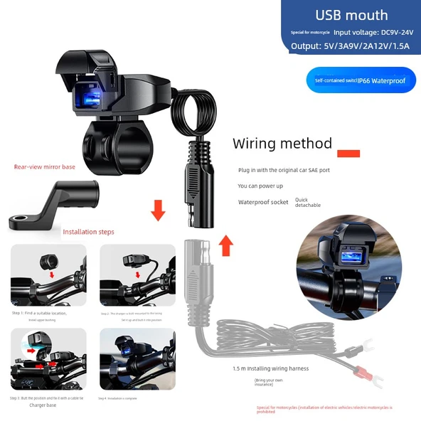 Motosiklet Şarj Cihazı - USB 18W - Dikiz Aynası Montajı - Su Geçirmez Kapaklı