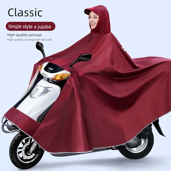 Oxford Kumaş Elektrikli Araç Motosiklet Yağmurluk Panço 9XL - Orta/Büyük Boy Araç - Kalın Oxford - Tek Katmanlı Kızıl
