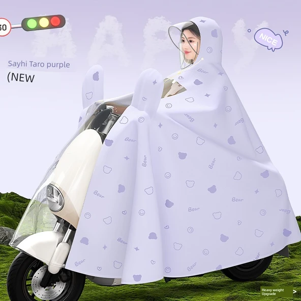 Elektrikli Motosiklet Yağmurluk Panço - Standart 5XL Aynalı Taro Mor Ayı Desenli Katlanabilir Siperlikli