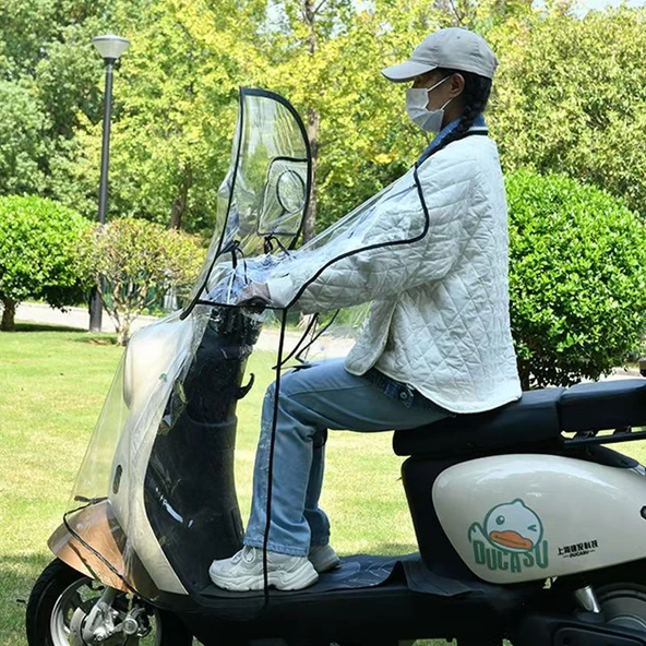Elektrikli Bisiklet Motosiklet Ön Cam Yağmurluğu - Pelerin Plus PVC Su Geçirmez Aynalıklı