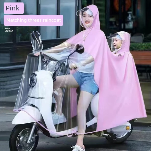 Elektrikli Motosiklet Yağmurluğu - Çift Kişilik - Açık Pembe - 4XL - Üç Kişilik