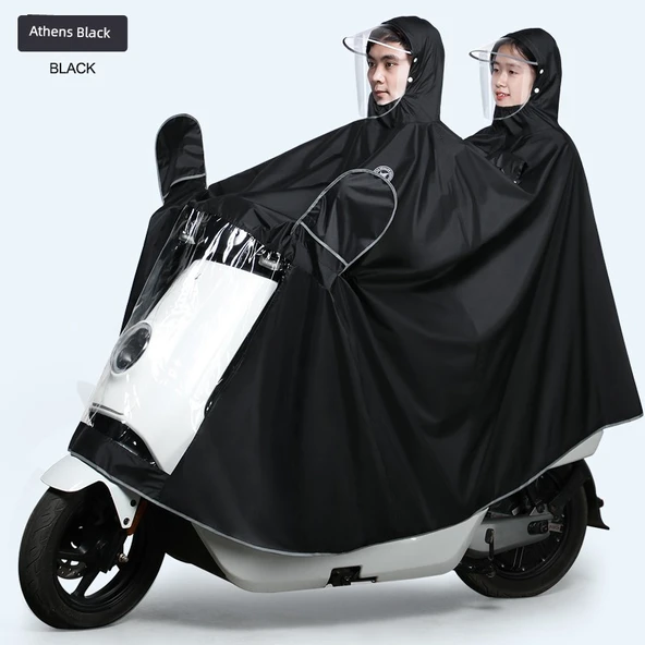 Elektrikli Motosiklet Yağmurluk Panço - 4XL - Siyah - Çift Katmanlı