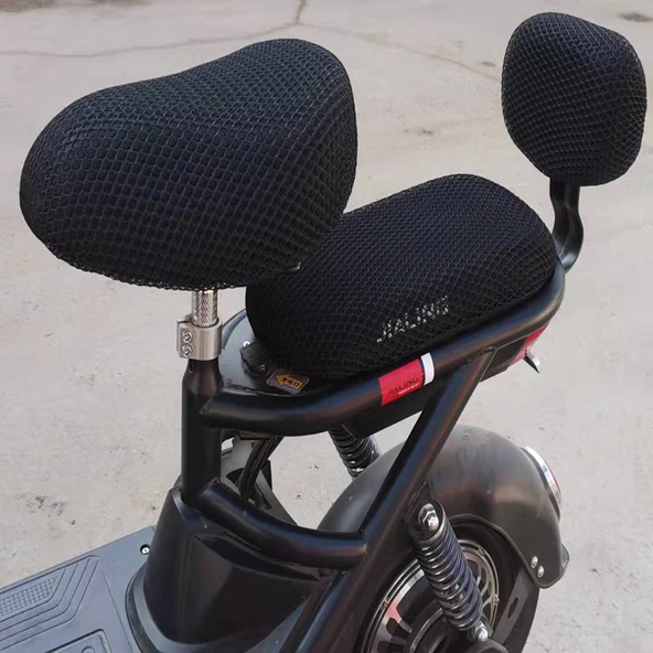 Nefes Alabilen File Motosiklet Scooter Katlanır Bisiklet Koltuk Kılıfı - 3D Siyah Sivri Başlıklı, Arka Koltuklu, Sırt Dayamalı