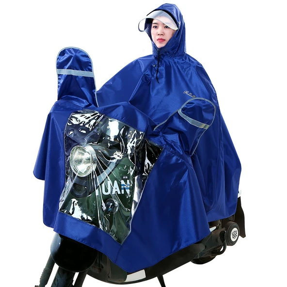 Elektrikli Motosiklet Yağmurluğu - XXXXL - Koyu Mavi (Aynalı, Çıkarılabilir Geniş Siperlikli - Model 2)