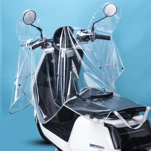 Elektrikli Motosiklet Yağmurluğu - Şeffaf + Minderli - Aynalıklı - PVC