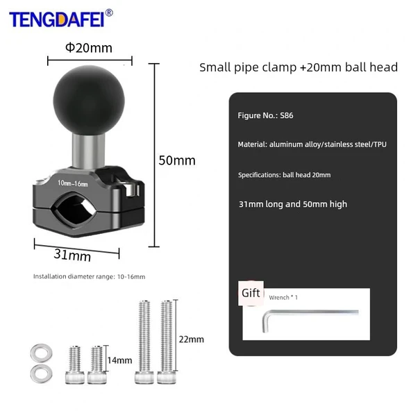Motosiklet Telefon Tutucu - Küçük Boru Kelepçeli +20mm Bilye Başlıklı - S86