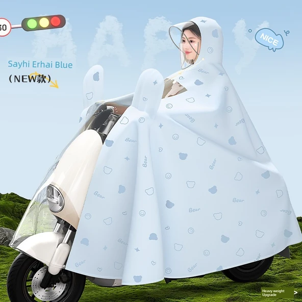 Elektrikli Motosiklet Yağmurluk Panço - 5XL Aynalı - Erhai Mavi Ayı