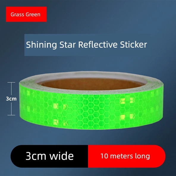 Motosiklet Kaskı Reflektörlü Uyarı Etiketi - 3cm Parlak Çimen Yeşili 10 Metre