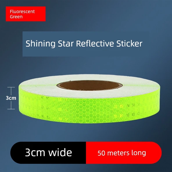 Motosiklet Kaskı Reflektörlü Uyarı Etiketi - 3cm Parlak Floresan Yeşil 50 Metre