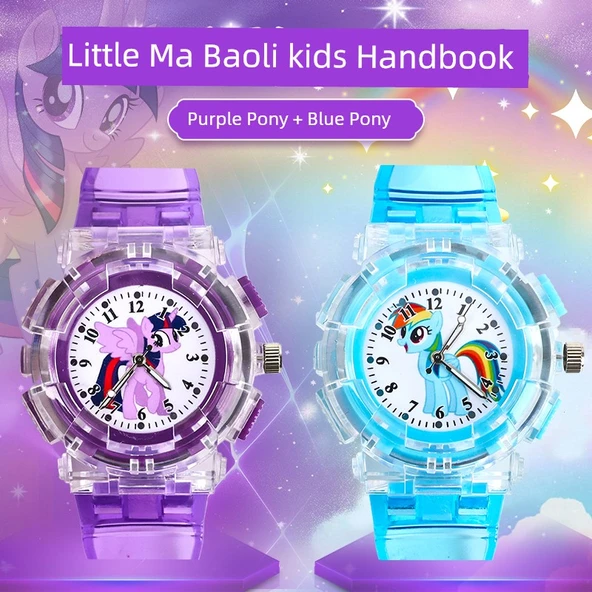 My Little Pony Çocuk Saati - Mor ve Mavi Pony Desenli - Işıklı ve Su Geçirmez