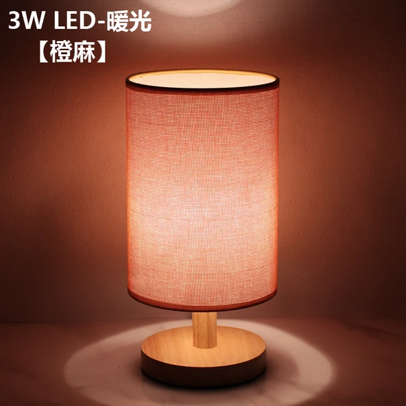 Ahşap Komodin Lamba - Turuncu Kenevir Abajur - 3W LED