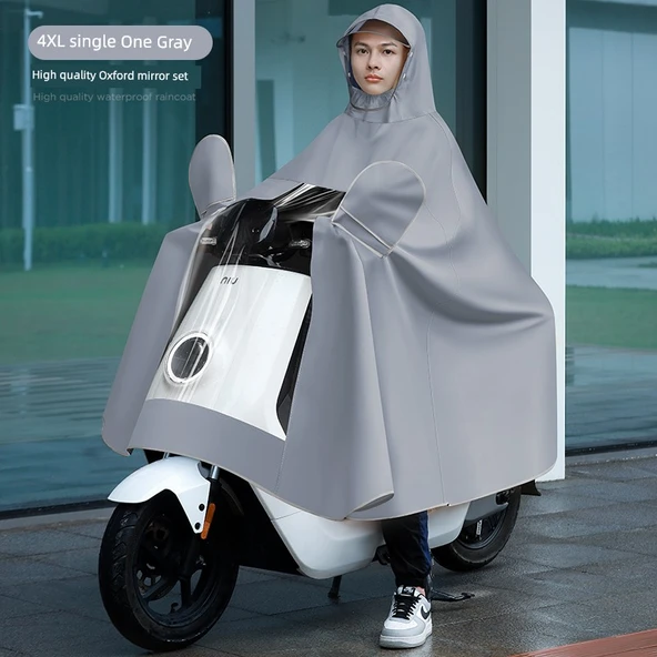 Elektrikli Motosiklet Yağmurluğu - 4XL - Tek Katmanlı - Gri - Aynalı