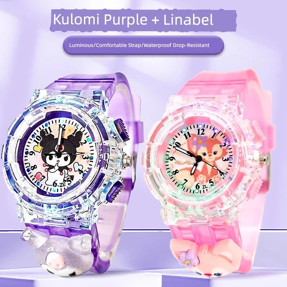 Çocuk Dijital Karikatürlü Işıklı Saat - Melody + Mor Kulomi (2'li Paket)
