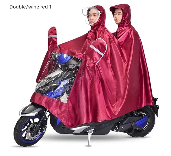 Motosiklet Elektrikli Araba Yağmurluğu - 4XL - Çift Katmanlı Çift Siperli Bordo