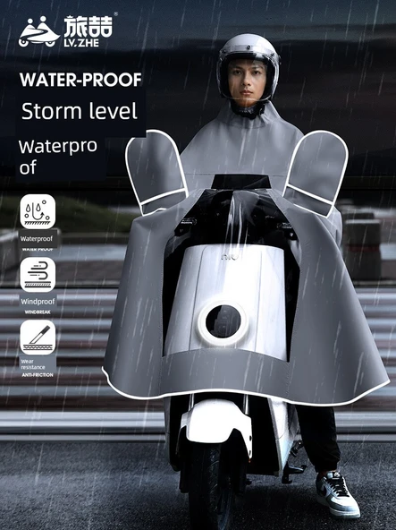 Elektrikli Motosiklet Yağmurluğu - 4XL - Tek Katmanlı - Gri - Aynalı - 2