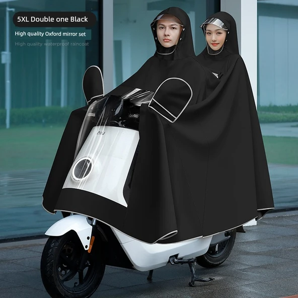 Elektrikli Motosiklet Yağmurluğu - 4XL/5XL - Çift Katmanlı - Siyah - Aynalı