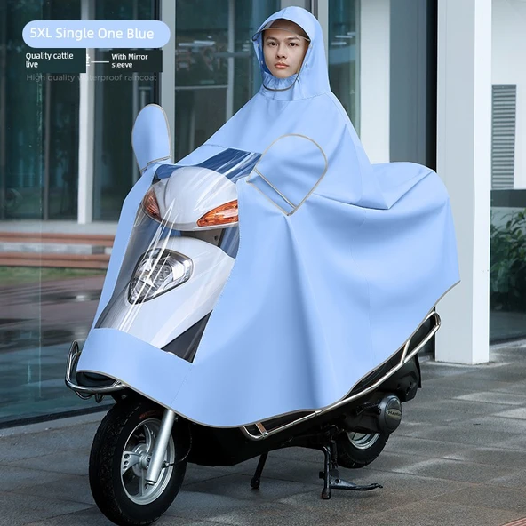 Elektrikli Motosiklet Yağmurluğu - 4XL/5XL - Tek Katmanlı - Mavi - Aynalı