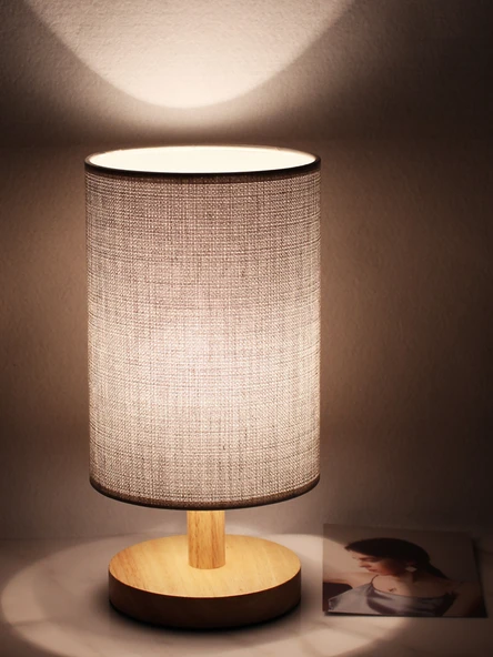 Ahşap Komodin Lamba - Turuncu Kenevir Abajur - 3W LED - 4