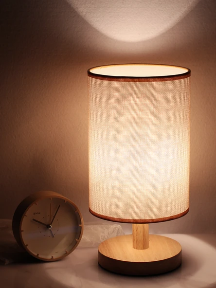 Ahşap Komodin Lamba - Turuncu Kenevir Abajur - 3W LED - 3