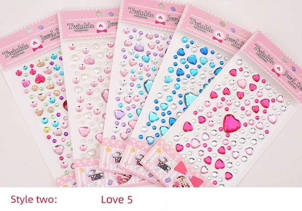 El Yapımı Yapışkanlı Dekoratif Rhinestone Elmas Sticker - Akrilik Kalp Desenli - 5 Adet