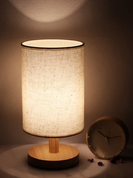 Ahşap Komodin Lamba - Turuncu Kenevir Abajur - 3W LED - 2